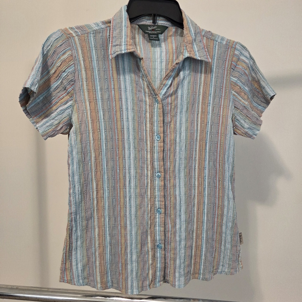 VTG Woolrich Textured Cotton Stretch 90’s Style Striped Button-Down Small